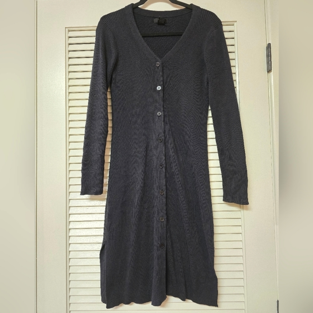 Frenchi - Black Long-Sleeve Ribbed Button V-Neck Dress